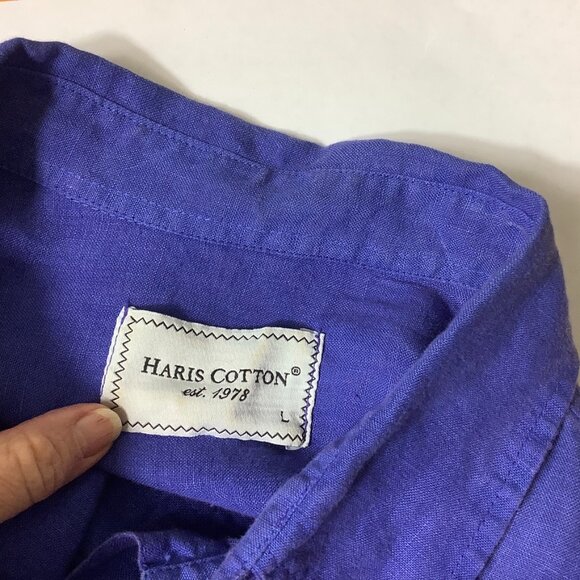 Haris Cotton Blue Long Sleeve Button Front 100% Linen Roll Tab Sleeve Dress L - Picture 7 of 8